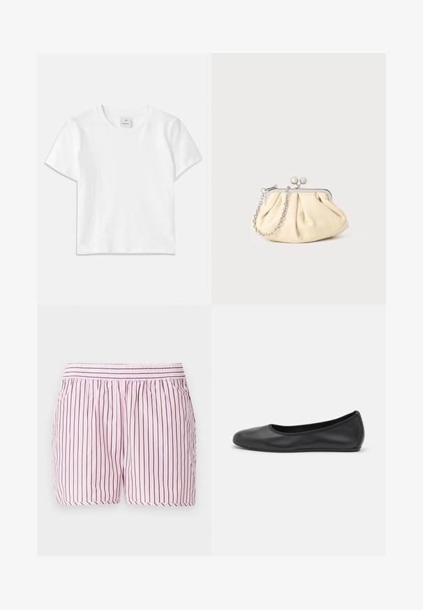 T-shirt en coton blanc avec un col rond, des manches courtes et un ourlet droit. Étiquette marquée "Won Hundred" au centre de l'encolure.; Shorts de sommeil en coton avec des rayures verticales roses et brunes, une taille élastique avec smocks et une coupe décontractée pour le confort.; Ballerines en cuir noir avec un bout rond, texture lisse, détails de couture minimalistes et design de semelle flexible.; Pochette en cuir beige plissé avec un cadre en métal argenté, dotée de deux fermoirs ronds décoratifs et d'une chaîne en argent.