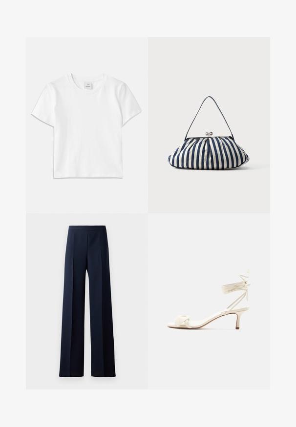 T-shirt en coton blanc avec un col rond, des manches courtes et un ourlet droit. Étiquette marquée "Won Hundred" au centre de l'encolure.; Pantalons à jambes larges en tissu bleu marine foncé, dotés d'une texture lisse, de plis avant discrets et d'une taille ajustée pour une silhouette épurée.; Sandale à talon bas de couleur crème avec des liens à nouer autour de la cheville et une large bride torsadée sur les orteils, sur un fond blanc uni.; Sac à main en tissu rayé vertical bleu marine et blanc avec fermoir argenté et fine bandoulière sur fond clair.