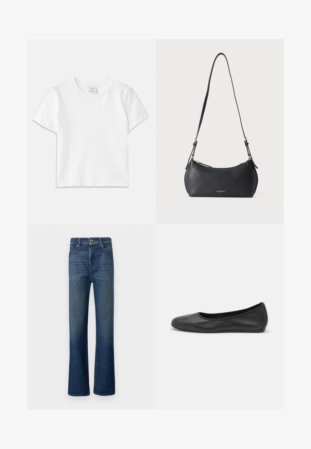 T-shirt en coton blanc avec un col rond, des manches courtes et un ourlet droit. Étiquette marquée "Won Hundred" au centre de l'encolure.; Jean en denim bleu foncé, avec une taille haute et des jambes évasées. Texture lisse avec un léger délavage, cinq poches et fermeture avec un bouton en métal.; Ballerines en cuir noir avec un bout rond, texture lisse, détails de couture minimalistes et design de semelle flexible.; Petit sac à épaule en cuir noir avec sangle réglable et fermeture éclair dorée, avec un texte de marque doré discret sur le devant.