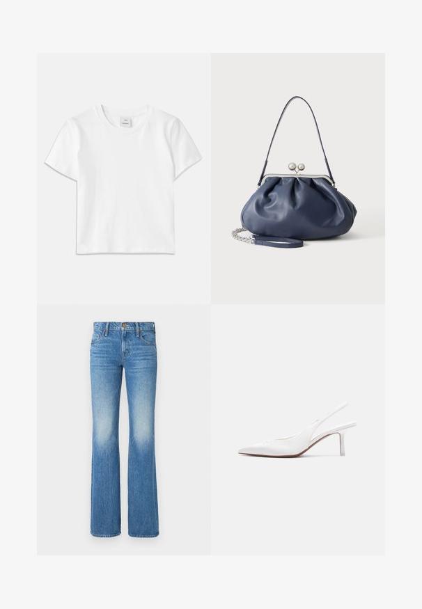 Witte katoenen t-shirt met een ronde hals, korte mouwen en een rechte zoom. Label met "Won Hundred" aan de voorkant van de halslijn.; Lichtblauwe flared jeans van denim, met een vervaagd ontwerp, vijf zakken en een knoop- en ritssluiting aan de voorkant.; Witte leren slingback damesschoen met spitse neus, lage kittenhak en een kleine decoratieve strik bovenop, zijaanzicht.; Zachte navyblauwe leren handtas met zilveren sluiting, enkele schouderband en afneembare ketting polsband op witte achtergrond.