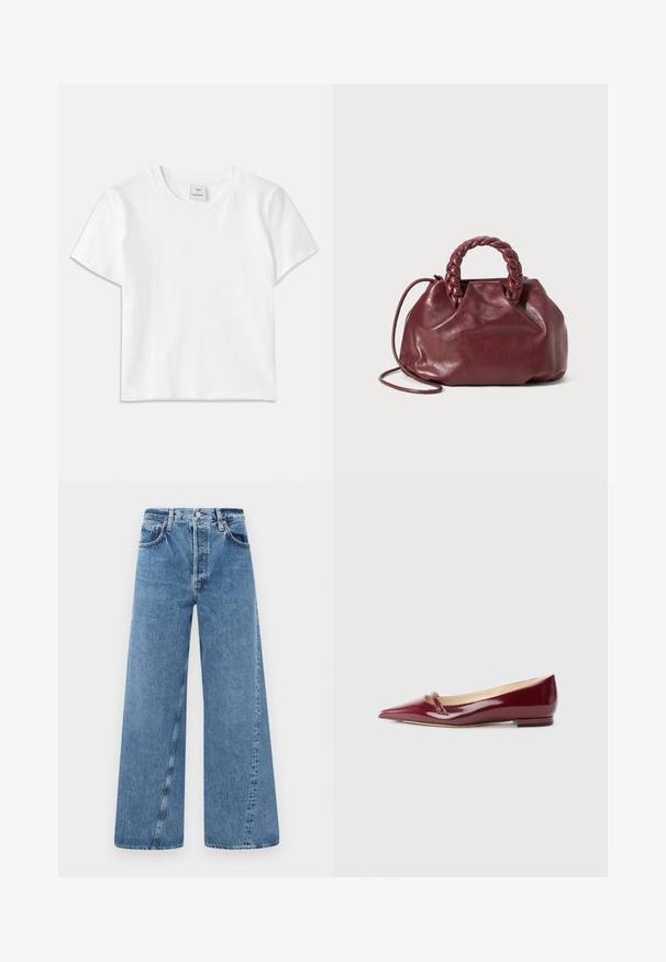 Witte katoenen t-shirt met een ronde hals, korte mouwen en een rechte zoom. Label met "Won Hundred" aan de voorkant van de halslijn.; Wijdvallende blauwe denim jeans met een hoge taille, knoopsluiting en kleine zakken aan de voorkant. De stof heeft een subtiele textuur en een vervaagde afwerking.; Bordeaux patent leren ballerina's met een puntige neus, voorzien van een klein uitsnijdetail en een lage hak. Glad textuur en een slank ontwerp.; Bordeaux lederen handtas met een gevlochten handvat, zachte textuur en een ronde vorm. Voorzien van een afneembare schouderriem voor veelzijdigheid.