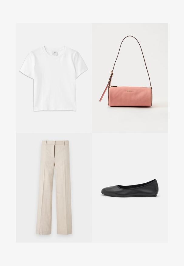 T-shirt en coton blanc avec un col rond, des manches courtes et un ourlet droit. Étiquette marquée "Won Hundred" au centre de l'encolure.; Pantalons larges beige en tissu léger, présentant une texture lisse et des plis avant nets. La taille est cintrée avec des passants de ceinture.; Ballerines en cuir noir avec un bout rond, texture lisse, détails de couture minimalistes et design de semelle flexible.; Sac à bandoulière en cuir texturé rose avec fermeture éclair dorée et bandoulière réglable, avec petit logo doré "Michael Kors" sur le devant.