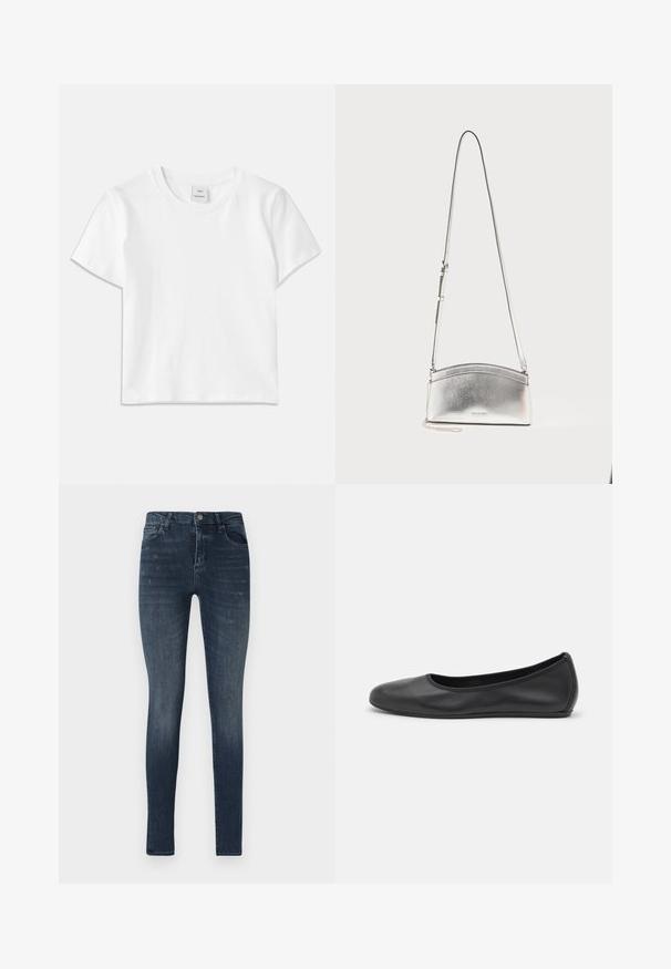 Hvid bomulds-t-shirt med rund hals, korte ærmer og lige kant. Mærke med teksten "Won Hundred" placeret i midten af halsudskæringen.; Slanke denim jeans i mørkeblå, med fem lomme-design, let slidser og en knaplukning i taljen.; Sort læderballetsko med rund tå, glat tekstur, minimal syning og et fleksibelt såldesign.; Sølvmetallic crossbody-taske med justerbar rem og diskret logo foran mod en ensartet lys baggrund.