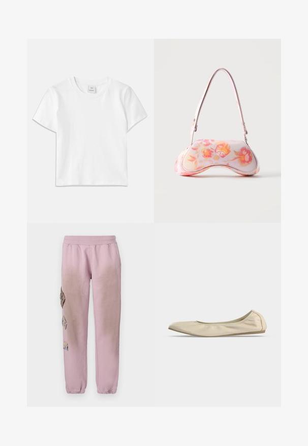 Witte katoenen t-shirt met een ronde hals, korte mouwen en een rechte zoom. Label met "Won Hundred" aan de voorkant van de halslijn.; Roze sweatpants met een elastische tailleband, voorzien van decoratieve patches in ruitvorm aan de linkerkant en elastische boorden bij de enkel.; Beige zachte leren ballerina met afgeronde neus, laag uitgesneden zijprofiel en slanke rubberen zool op een effen witte achtergrond.; Kleine handtas met een gebogen vorm met een roze en oranje bloemenpatroon en een enkele schouderriem tegen een effen achtergrond.