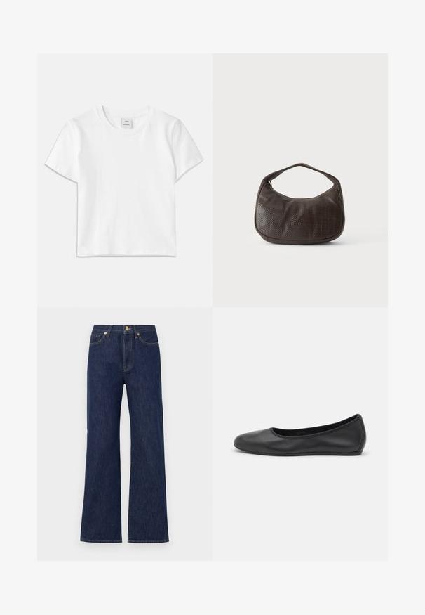 Hvid bomulds-t-shirt med rund hals, korte ærmer og lige kant. Mærke med teksten "Won Hundred" placeret i midten af halsudskæringen.; Mørkeblå vidde jeans lavet af denim. Har en knaplukning, forlommer og kontrasterende syninger. Ren, klassisk design.; Sort læderballetsko med rund tå, glat tekstur, minimal syning og et fleksibelt såldesign.; Lille mørkebrun tekstureret håndtaske med kort rem og afrundet bund på en ensfarvet lys baggrund.