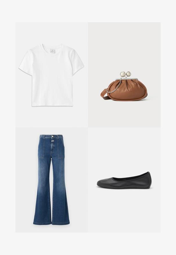 Witte katoenen t-shirt met een ronde hals, korte mouwen en een rechte zoom. Label met "Won Hundred" aan de voorkant van de halslijn.; Hoge taille flared jeans in middelblauw denim met een vervaagde afwerking. Heeft patchzakken en een knoopsluiting. Schoon zoom.; Zwarte leren ballerina met een ronde neus, gladde textuur, minimale stikdetails en een flexibele zoolontwerp.; Bruine leren clutch met een zilveren balsluiting en een klein zilveren kettingdetail op een witte achtergrond.