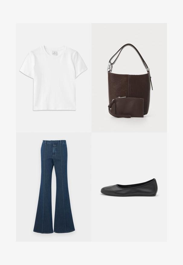 Camiseta de algodón blanca con cuello redondo, mangas cortas y dobladillo recto. Etiqueta con la marca "Won Hundred" en el centro del escote.; Pantalones de mezclilla acampanados en azul oscuro, con costuras estructuradas y un acabado limpio. Presenta una cinturilla de altura media y piernas anchas y fluidas.; Bailarina de piel negra con punta redondeada, textura suave, detalle de costura minimalista y diseño de suela flexible.; Bolso de bucket de cuero marrón con un acabado texturizado, con una correa más corta y un monedero a juego con cremallera y correa para la muñeca.
