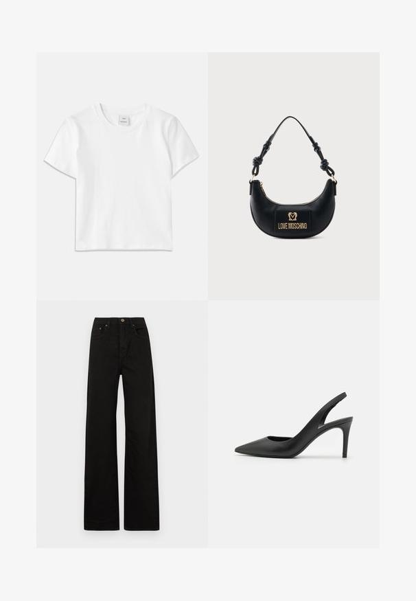T-shirt en coton blanc avec un col rond, des manches courtes et un ourlet droit. Étiquette marquée "Won Hundred" au centre de l'encolure.; Jean noir à jambes larges en tissu résistant. Doté d'une fermeture à bouton à l'avant, de passants de ceinture et de deux poches avant. Texture lisse et uniforme.; Escarpins à talon aiguille en cuir noir, avec un design à bout pointu, présentant une découpure à l'avant et un talon fin.; Sac à main noir demi-lune avec poignée nouée et plaque logo dorée "Love Moschino" sur le devant, fermeture éclair en haut.