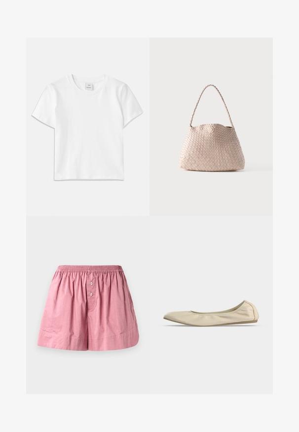 Weißes Baumwoll-T-Shirt mit Rundhalsausschnitt, kurzen Ärmeln und geradem Saum. Etikett mit der Aufschrift "Won Hundred" an der Mitte des Ausschnitts.; Rosa Baumwoll-Schlafshorts mit einem elastischen Bund, zwei vorderen Knöpfen und einer lockeren Passform. Der Stoff ist glatt mit einer leicht zerknitterten Textur.; Beiger weicher Ledertalier mit abgerundeter Spitze, niedrigem seitlichen Profil und schlanker Gummisohle auf schlichtem weißem Hintergrund.; Beige gewebte Lederschultertasche mit abgerundeter Form und geflochtenem Griff, mit kleinem rundem Lederknopfverschluss.