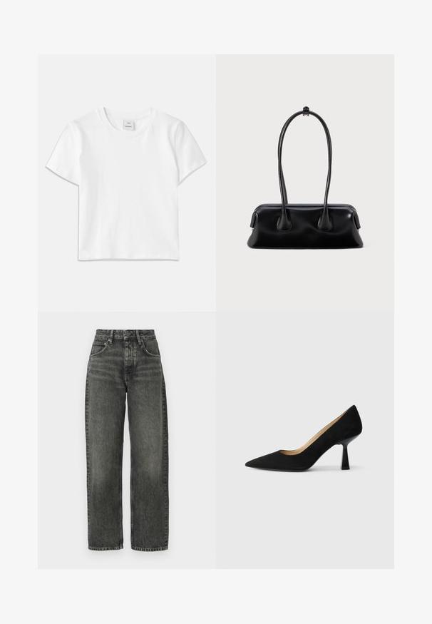 Hvid bomulds-t-shirt med rund hals, korte ærmer og lige kant. Mærke med teksten "Won Hundred" placeret i midten af halsudskæringen.; Won Hundred ALEXANDRA - Jeans Relaxed Fit - tinted black; Sorte ruskinds højhælede pumps med spids tå, der har en blank sort blokhæl og en glat indvendig foring.; Sort læderhåndtaske med to forlængede håndtag, en glat tekstur og en rund bund med dekorative detaljer på siderne.