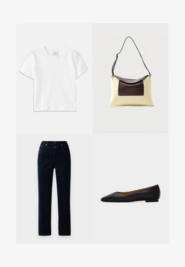 Camiseta de algodón blanca con cuello redondo, mangas cortas y dobladillo recto. Etiqueta con la marca "Won Hundred" en el centro del escote.; Pantalones de pana en color navy con un diseño de pierna recta, que cuentan con bolsillos frontales, cremallera y detalles de botón metálico en la cinturilla.; Zapato plano de punta puntiaguda de cuero negro con tacón bajo y acabado liso, mostrado de perfil sobre un fondo gris claro.; Bolso de cuero en crema y marrón oscuro con solapa curva y correa negra ajustable sobre fondo blanco.