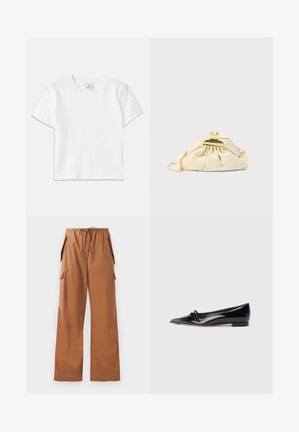 T-shirt en coton blanc avec un col rond, des manches courtes et un ourlet droit. Étiquette marquée "Won Hundred" au centre de l'encolure.; Pantalons cargo marron à jambes larges en tissu léger, avec une taille élastique et un cordon de serrage ainsi que des poches latérales.; Chaussure plate en cuir verni noir avec un bout pointu, une petite lanière décorative et un petit talon carré. Texture lisse et design épuré.; Pochette couleur crème en matière douce, dotée d'un fermoir doré et d'une bandoulière chaîne, avec un design froncé sur le corps.