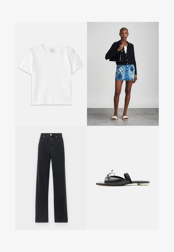 T-shirt en coton blanc avec un col rond, des manches courtes et un ourlet droit. Étiquette marquée "Won Hundred" au centre de l'encolure.; Jean en denim noir avec taille haute, coupe droite, design à cinq poches, coutures visibles et fermeture à bouton en métal.; Sandale plate en cuir noir avec un bout carré, un cordon de serrage à l'avant et une fine bride autour de la cheville sur fond blanc.; Un cardigan en maille noir, un haut blanc, une jupe en denim avec un motif de diamants bleus et noirs, un sac à main noir et des sandales à enfiler beiges.