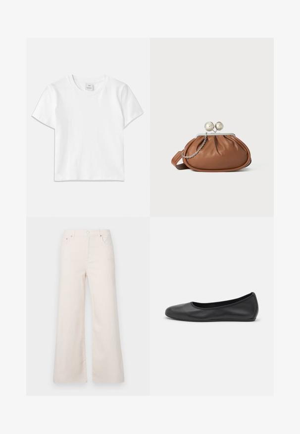 T-shirt en coton blanc avec un col rond, des manches courtes et un ourlet droit. Étiquette marquée "Won Hundred" au centre de l'encolure.; Pantalons en denim beige clair à jambes larges, taille haute, avec cinq poches et une fermeture à bouton à l'avant. Texture lisse, détails de couture minimalistes.; Ballerines en cuir noir avec un bout rond, texture lisse, détails de couture minimalistes et design de semelle flexible.; Pochette en cuir marron avec un fermoir à boule en argent et un petit détail en chaîne argentée sur fond blanc.