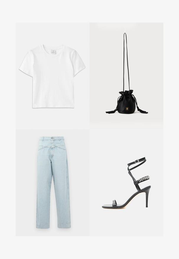 Witte katoenen t-shirt met een ronde hals, korte mouwen en een rechte zoom. Label met "Won Hundred" aan de voorkant van de halslijn.; Lichtblauwe high-waisted jeans met een recht gesneden ontwerp, voorzien van subtiele stiksels, twee vo pockets en een metalen knoopsluiting.; Zwarte sandaal met hoge hak, smalle enkelband, middenvoetband versierd met zilveren schakels en een open teenontwerp.; Zwarte bucketbag met trekkoord, lange dunne band en klein goudkleurig vierkant logo aan de voorkant, weergegeven tegen een eenvoudige achtergrond.
