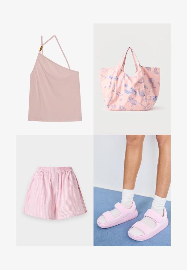 Helles rosa ärmelloses Oberteil mit drapiertem Design, dünnen Trägern und einem dekorativen Perlenakzent an einer Schulter. Glatte, weiche Stofftextur.; Rosa-weiße gestreifte Shorts mit elastischem Bund, die eine glatte Textur aufweisen und zwei kleine vordere Knöpfe zum Schließen haben.; Rosafarbene Sportsandalen mit breitem Riemen und offenem Zehendesign, aus weichem Material gefertigt, mit einer strukturierten Laufsohle für besseren Halt.; Pinkfarbene wiederverwendbare Einkaufstasche mit blauen Linienzeichnungen einer Eule, einer Krabbe, einer Muschel, einem Cocktail, einem Regenschirm und Fruchtscheiben.