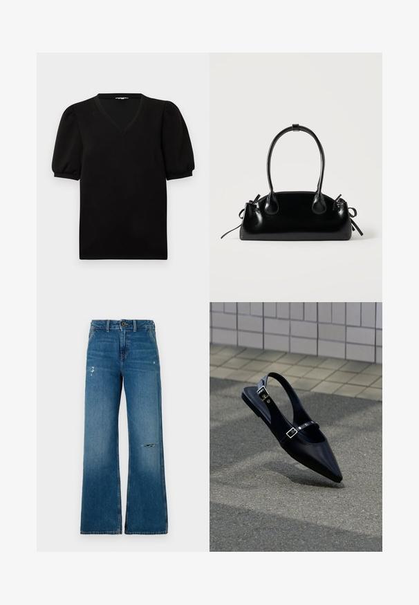 Zwart shirt met korte mouwen en pofmouwen, voorzien van een V-hals, afgebeeld op een effen witte achtergrond.; Blauwe denim wijde jeans met een vervaagde textuur, voorzien van twee versleten gedeelten aan de voorkant, een knoopsluiting en een vijf-pocket ontwerp.; Zwarte platte slingback met spits toelopende neus en dubbele gespsluitingen, rustend op grijs asfalt bij een achtergrond van betegelde muur.; Kleine zwarte glanzende handtas met twee lange hengsels en zijkant trekkoord details op een effen lichte achtergrond.
