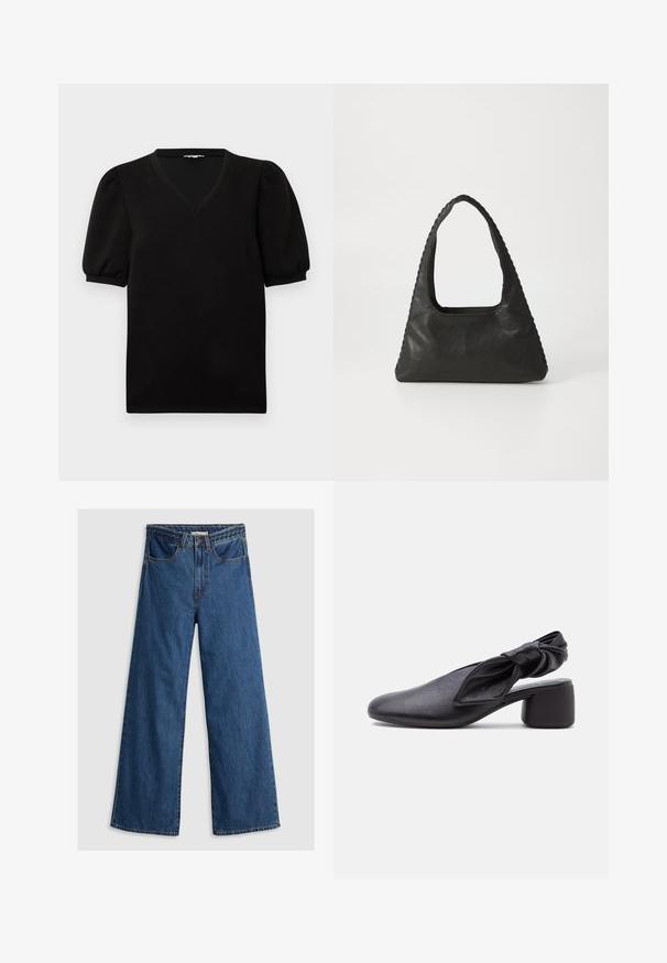 Zwart shirt met korte mouwen en pofmouwen, voorzien van een V-hals, afgebeeld op een effen witte achtergrond.; Wijde blauwe denim jeans met een hoge taille, voorzien van een klassiek vijf-pocket ontwerp en een gestructureerde tailleband.; Zwarte leren slingback met een afgeronde neus, een geknoopt banddetail en een lage blokhak op een witte achtergrond.; Zwart leren handtas met een triangulaire vorm, een grote uitsparingshandgreep en gedetailleerde stiksels langs de randen. Glad textuur.