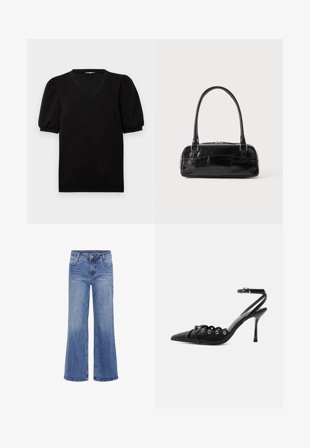 Čierny krátky rukáv s nafúknutými rukávmi a výstrihom do V, zobrazený na jednoduchom bielom pozadí.; My Essential Wardrobe MWLOUIS HIGH WIDE - Džínsy s rovným strihom - medium blue wash; Čierne lodičky na vysokom opätku s špicatou špičkou, zvlnenými okrajmi, kovovými očkami, šnurovaním vpredu a remienkom na členku so sponou.; Čierna kožená kabelka obdĺžnikového tvaru, vybavená jednou pevnou rukoväťou, strieborným kováním a zipsom. Hladký povrch.