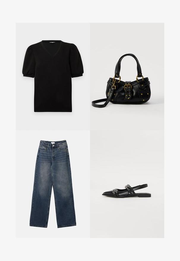 Schwarzes kurzärmliges Oberteil mit Puffärmeln und V-Ausschnitt, dargestellt vor einem einfarbigen weißen Hintergrund.; Herrenhohe-taillierte blaue Jeans aus Denim mit weitem Bein, vorderem Knopf und Reißverschluss sowie Vorder- und Gesäßtaschen.; Even&Odd Sling-Ballerina - black; Schwarze Lederhandtasche mit goldener Schnalle und Nieten, kurzen Griffen und einem verstellbaren Schultergurt vor einem schlichten weißen Hintergrund.