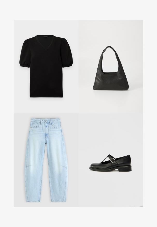 Schwarzes kurzärmliges Oberteil mit Puffärmeln und V-Ausschnitt, dargestellt vor einem einfarbigen weißen Hintergrund.; Hellblaue Denim-Jeans mit relaxed Fit, hoher Taille, Fünf-Taschen-Design und subtilen Ausbleichungen sowie ausgefransten Saumdetails.; Schwarzer Mary-Jane-Schuh aus Leder mit runder Zehenpartie, T-Riemen-Design, verstellbarer Schnalle und niedrigem, gestapeltem Absatz. Glatte Textur mit minimalen Details.; Schwarze Lederhandtasche mit dreieckiger Form, einem großen Ausschnittgriff und detaillierter Naht entlang der Kanten. Glatte Textur.