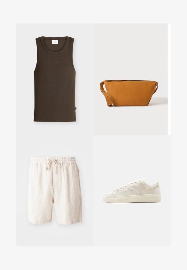 Débardeur marron côtelé sans manches avec encolure ronde et "LES DEUX" brodé en petites lettres sur la poitrine.; Shorts en lin beige avec une taille élastique, cordon de serrage ajustable et poches latérales. Texture douce avec une coupe décontractée.; Baskets basses blanches avec fermeture à lacets, tige en tissu texturé et semelle épaisse en caoutchouc, vues de côté extérieur sur un fond uni.; Sac bandoulière en cuir marron clair avec sangle réglable et fermeture éclair, présenté sur un fond clair uni.