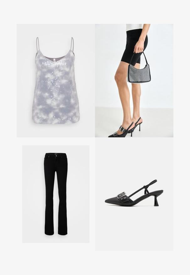 Débardeur gris avec une texture douce, présentant un motif tie-dye et des accents de sequins disposés verticalement, avec des bretelles fines ajustables.; Jean flare en denim noir extensible avec fermeture à bouton, quatre poches et une texture lisse, conçu pour une silhouette ajustée.; Simmi London DALA - Escarpins - black; Sac à main à perles noires avec une silhouette courbée, une poignée de transport et une texture brillante. Porté avec des chaussures à talons hauts noires et un short noir ajusté.