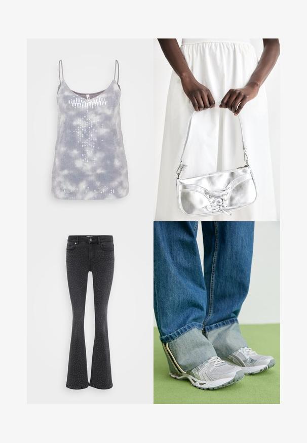Grijze tanktop met een zachte textuur, voorzien van een tie-dye patroon en paillettenaccenten in een verticale opstelling, met verstelbare dunne bandjes.; Zwarte flared jeans van denim, versierd met metallic studs. Vijf zakken en een sluiting met een knoop aan de voorkant.; Grijze sportieve schoenen van mesh materiaal met witte accenten, in combinatie met blauwe denim jeans die aan de enkels zijn omgeslagen.; Zilveren metalen handtas met vetersluiting, met een strak ontwerp en een korte schouderriem. De tas wordt vastgehouden in de handen, waardoor de textuur goed tot zijn recht komt.