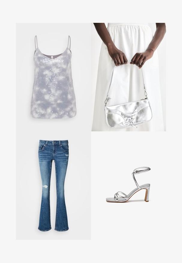 Graues Tanktop mit weicher Textur, das ein Batikmuster und Paillettenakzente in vertikaler Anordnung aufweist, verstellbare dünne Träger.; Blaue Jeans mit ausgestelltem Bein, mittelhoher Taille, verwaschenen Details an den Knien und einer glatten, strukturierten Oberfläche.; Silberne High-Heel-Sandalen mit eckiger Zehenpartie, dünnem Knöchelriemen und Riemen über dem Spann. Glänzende Metallic-Oberfläche mit einem 3-Zoll-Blockabsatz.; Silberne metallische Handtasche mit Schnürdetail, die ein elegantes Design und einen kurzen Tragegurt aufweist. Die Tasche wird in den Händen gehalten und zeigt ihre Textur.