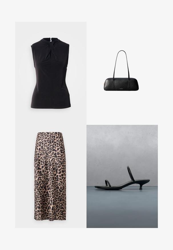 Sort ærmeløs top med høj hals, knudedetalje foran og et glat, elastisk stof. Enkel design uden mønstre.; Leopardprint satin nederdel med høj talje, knælang silhuet, blank tekstur og en flydende design.; Sort Calvin Klein sandal med hæl og tynde stropper, balancerende på træfliser udendørs nær en væg og grønne planter.; Sort rektangulær læderhåndtaske med lange tynde stropper og gylden "Calvin Klein"-logo på midten foran.