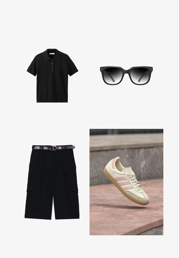 Sort kortærmet polo-shirt med fire knapper foran og klassisk krave, vist på hvid baggrund.; Sorte cargo shorts lavet af letvægtsstof, med lige snit, sidelommer og et brunt læderbælte med en sølvspænde.; Sneaker i beige læder med lyserøde accenter, med tre striber på siden, en rundet tå og en tekstureret gummisål. Let polstret krave.; Sorte rektangulære solbriller med gradientlinser, tykke plastiske rammer og metaldots i de forreste hjørner. Glat overflade, moderne design.