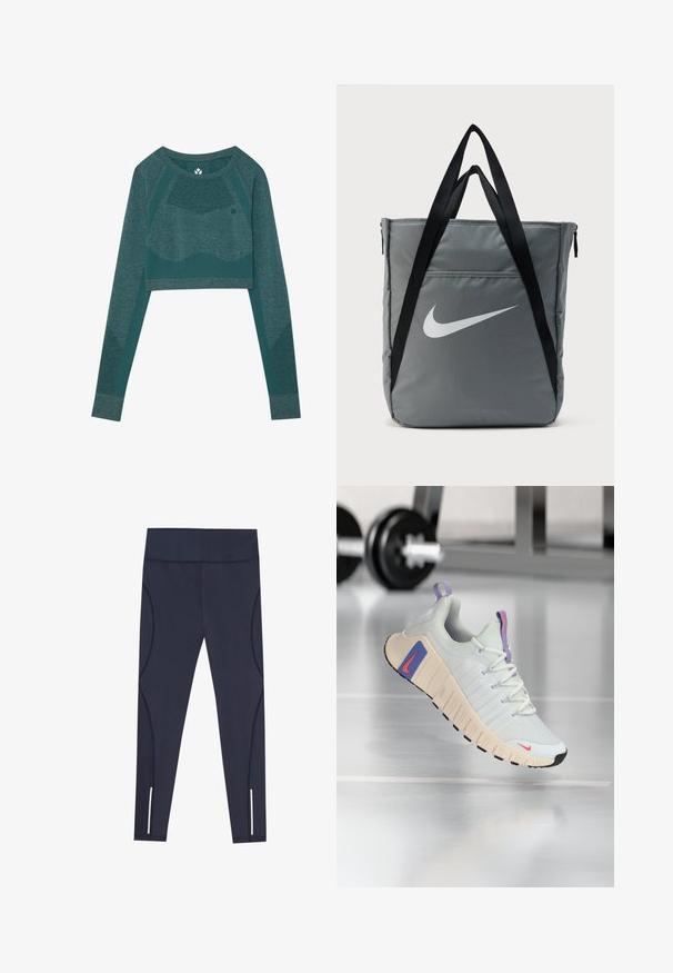 Teal langærmet cropped top lavet af et åndbart, tekstureret stof. Har mesh-paneler og et logodetalje på brystet. Glat finish.; Navy blå leggings lavet af strækbart stof, med en høj talje og buede sidesømme, samt reflekterende detaljer ved anklerne.; Sneaker med en lysegrå mesh-overdel, polstret krave og tekstureret cremefarvet sål. Har lyserøde og blå accenter samt sorte gummitræd.; Grå Nike tote taske med sorte håndtag og hvid swoosh-logo foran, vist mod en ensfarvet hvid baggrund.