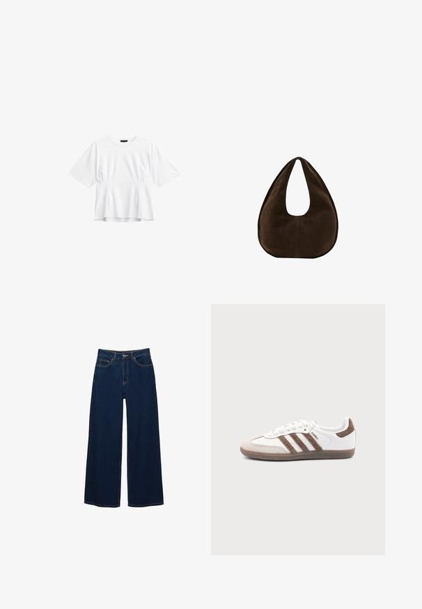 Witte damesblouse met korte mouwen, ronde halslijn en subtiele verticale naaddetails aan de voorkant.; Donkerblauwe jeans met brede pijpen van spijkerstof; voorzien van voorzakken en een knoopsluiting; opvallende stiksels langs de naden; geen patronen of versieringen.; Witte Adidas Samba sneaker met bruine suède strepen, bruine rubberen zool en beige suède neuskap, getoond vanaf de buitenkant op een effen achtergrond.; Donkerbruine suède handtas in halve maanvorm met een enkele brede riem en een gladde textuur op een witte achtergrond.