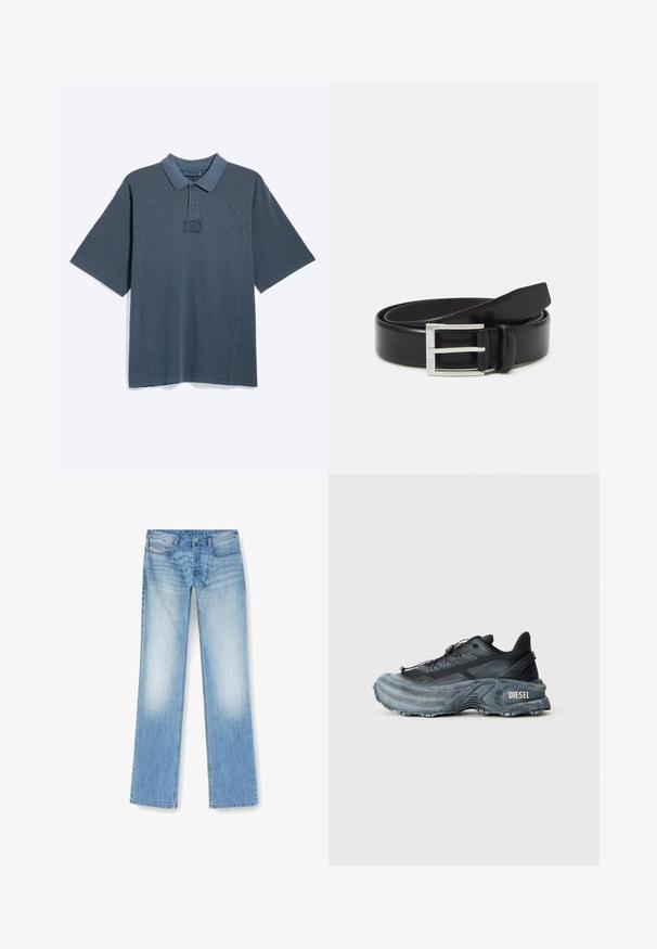 Donkergrijs poloshirt met korte mouwen, kraag en twee knopen, met een gestikte rechthoekige patch onder de knopen.; Lichtblauwe rechte jeans gemaakt van denim, met een vervaagde afwerking, vijf-pocket ontwerp en zichtbare stiksels langs de naden.; Zwarte en grijze Diesel sneakers met dikke zool, vetersluiting en gestructureerd ontwerp op een effen lichtgrijze achtergrond.; Zwarte leren riem met een glanzende afwerking; voorzien van een zilveren metalen gesp met een rechthoekig frameontwerp en gladde randen.