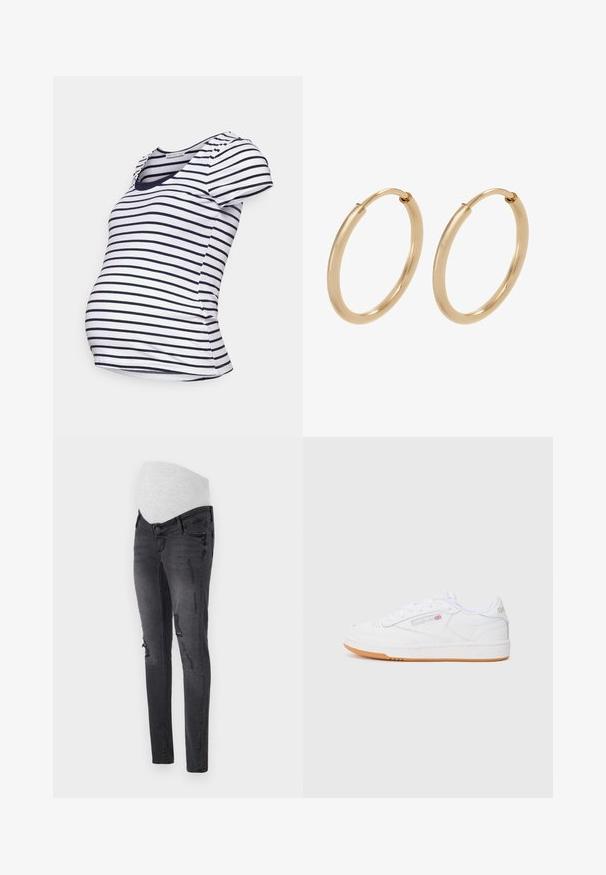 Anna Field MAMA by Zalando MATERNITY DOUBLE LAYER NURSING - Tričko s potlačou - dark blue/white; Tehotenské jeansy v tmavosivej džínsovine s pružným pásom, s vyblednutými detailami a priliehavým strihom.; Biele kožené tenisky s nízkym strihom, s textúrovanou bielou gumovou podrážkou a hnedou gumovou podošvou. S jemnými logovými detailmi.; Zlaté kruhové náušnice s hladkým, lešteným povrchom. Zaoblený tvar, stredná veľkosť, vybavené bezpečným uzatváracím mechanizmom.