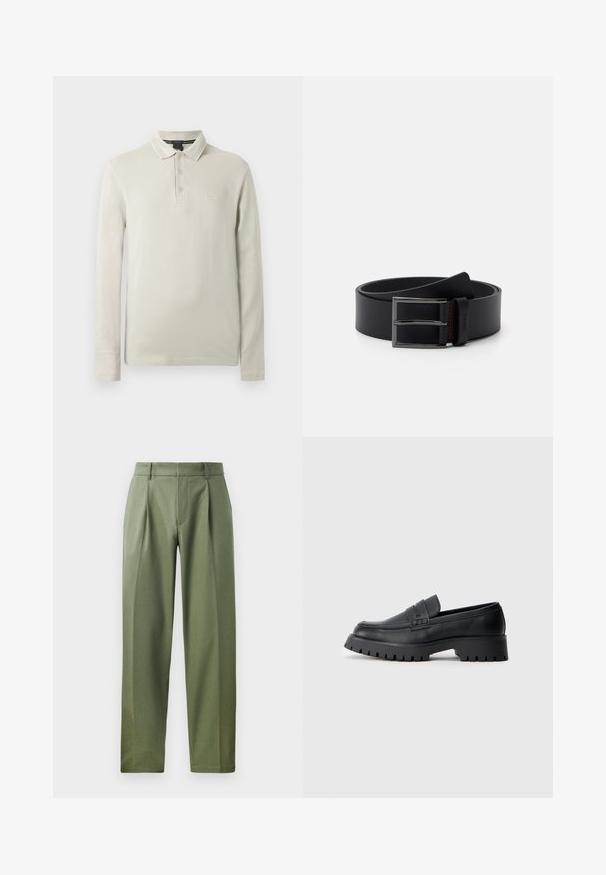 Camisa polo de manga larga en beige claro, fabricada con tela suave. Cuenta con cuello, tapeta de tres botones y un sutil bordado de logotipo en el pecho.; Pantalones a medida en tejido verde olivo con una textura suave, que cuentan con dos pliegues frontales, trabillas para el cinturón y un diseño de pierna recta.; Mocasines de cuero negro con punta redondeada, que presentan una correa decorativa y una suela de goma gruesa con surcos profundos para mayor tracción.; Cinturón de cuero negro con una textura suave y una hebilla de metal plateado. Presenta costuras rojas en el lazo de cuero para mayor detalle.