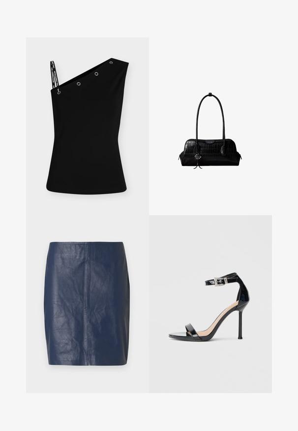 Haut asymétrique noir sans manches avec une bretelle, texte de marque sur la bretelle et quatre œillets métalliques le long de l'encolure.; Mini-jupe en cuir bleu marine avec une texture lisse, une coupe droite et des détails de couture minimalistes sur les côtés.; Sandale à talon haut en cuir verni noir avec bride à la cheville. Présente un design minimaliste, un bout ouvert et une boucle ornée de strass.; Sac à épaule en cuir noir à texture crocodile, avec de longues sangles et un petit charm logo argenté sur une sangle.