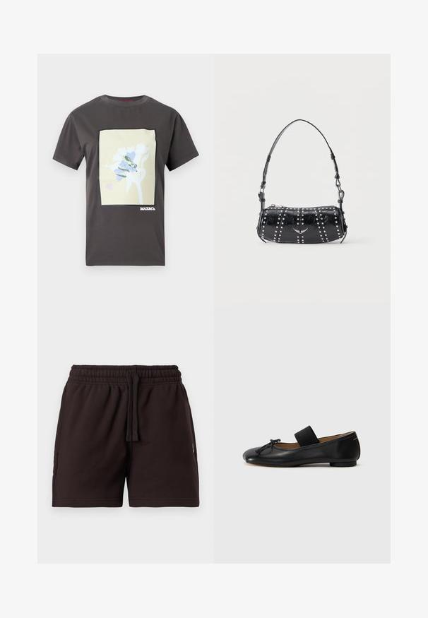 T-shirt gris foncé à manches courtes avec un motif floral rectangulaire en crème, bleu et vert, et le logo "MAX&Co." en bas à droite.; Shorts à taille élastique noire avec cordon de serrage, devant plat et poches latérales, présentés sur un fond clair uni.; Ballerines en cuir noir avec un bout arrondi, un petit nœud décoratif et une lanière élastique sur le cou-de-pied pour un maintien sécurisé. Semelle plate.; Sac d'épaule en cuir verni noir orné de clous argentés disposés en rangées verticales et d'un petit emblème d'oiseau argenté au centre devant.