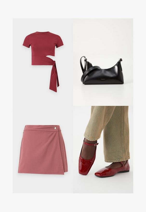 T-shirt ajusté à manches courtes de couleur rouge profond, doté d'un détail découpé et d'un accent noué sur le côté pour un design unique. Tissu doux.; Jupe portefeuille courte en rose poussiéreux avec un petit bouton argenté près de la ceinture sur un fond clair uni.; Chaussures en cuir verni rouge avec un bout carré, un petit talon et une sangle de cheville, associées à un jean large vert clair. Texture lisse, surface réfléchissante.; Sac à main en cuir noir avec une texture lisse. Dispose d'une bandoulière adjustable et d'un design élégant et minimaliste avec une fermeture éclair.