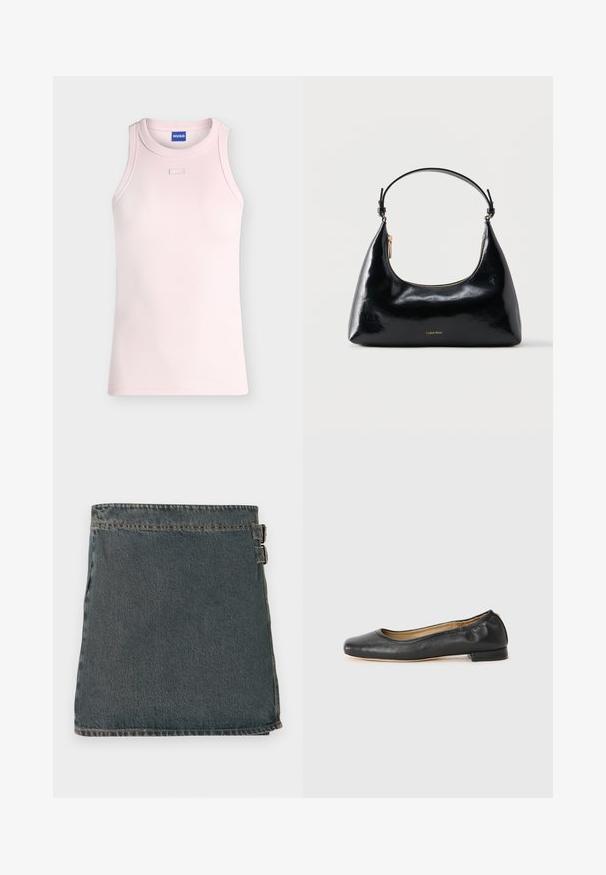 Débardeur côtelé rose clair sans manches avec un col rond et un petit détail rectangulaire en tissu sous le col, étiquette HUGO à l'intérieur du col.; Jupe en denim bleu foncé avec une surface texturée, dotée de deux boucles latérales et d'un ourlet droit. Coutures visibles le long des bords.; Ballerines en cuir noir avec un bout arrondi et des coutures minimales. Talon bas et rectangulaire avec une texture lisse. Détails subtils de doublure intérieure.; Sac à main Calvin Klein noir brillant avec fermeture éclair dorée et anse courte sur fond blanc uni.