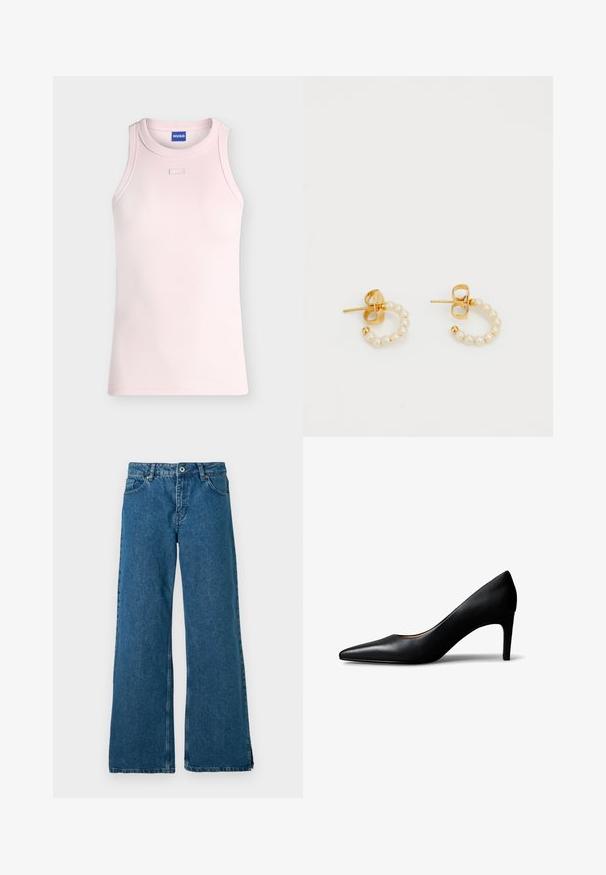 Lyserød ærmeløs ribbet tanktop med rund halsudskæring og lille rektangulært stofdetalje nedenfor kraven, HUGO mærke indeni kraven.; Bredde ben blå denim jeans med et klassisk fem-lomme design, med en frontknap og lynlås lukning, samt en diskret falmet tekstur.; Sort damesko i læder med spids snude og mellemhøj hæl, vist fra siden på en hvid baggrund.; Guldtonede hoopsøreringe prydet med små perler, der har et unikt cirkulært design og en sikker post-back lukning.