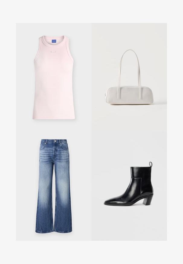 Camiseta sin mangas de canalé en rosa claro con escote redondo y pequeño detalle rectangular de tela debajo del cuello, etiqueta HUGO en el interior del cuello.; Vaqueros de pierna ancha color azul claro, hechos de denim, con cintura alta, textura desgastada y parche de la marca en el bolsillo trasero.; Botín de piel negra hasta el tobillo con punta afilada, tacón apilado geométrico y una lengüeta en la parte posterior. Textura suave y diseño elegante.; Bolso de hombro rectangular blanco con correas largas y delgadas, costuras mínimas y cierre de cremallera sobre un fondo liso.