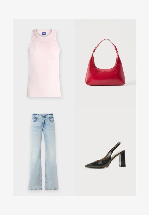 Ärmelloses, geripptes, hellrosa Tanktop mit rundem Ausschnitt und kleinem rechteckigem Stoffdetail unterhalb des Kragens, HUGO-Label innen am Kragen.; Hellblaue, ausgestellte Jeans aus Denim mit weicher Textur, fünf Taschen und Knopfverschluss. Mit Verblassungen für einen getragenen Effekt.; Schwarzer Leder-Slingback-Schuh mit spitzer Kappe, hohem Blockabsatz und beigegefüttertem Innenraum vor hellem, einfarbigem Hintergrund.; Rote Lederschultertasche mit goldenem Reißverschluss und verstellbarem Schulterriemen, Calvin Klein Logo mittig vorne.