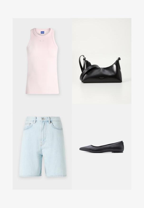 Débardeur côtelé rose clair sans manches avec un col rond et un petit détail rectangulaire en tissu sous le col, étiquette HUGO à l'intérieur du col.; Shorts en denim bleu clair à taille haute, avec un design à cinq poches et une fermeture par bouton en laiton. Présente des coutures discrètes et des bords effilochés.; Chaussure plate en cuir noire à bout pointu avec petit talon, vue de profil sur fond blanc.; Sac à main en cuir noir avec une texture lisse. Dispose d'une bandoulière adjustable et d'un design élégant et minimaliste avec une fermeture éclair.