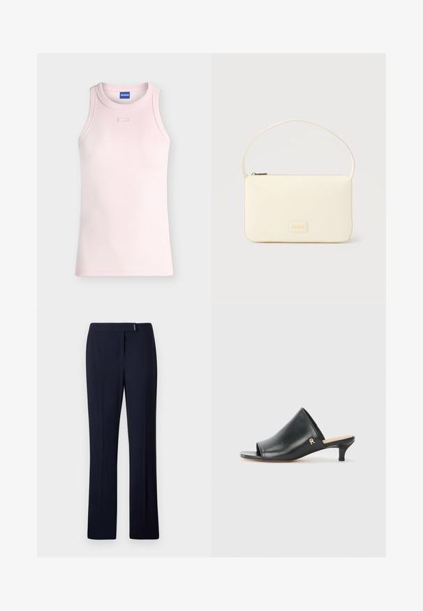Camiseta sin mangas de canalé en rosa claro con escote redondo y pequeño detalle rectangular de tela debajo del cuello, etiqueta HUGO en el interior del cuello.; Pantalones ajustados de color azul marino hechos de una tela suave, con un frente plano, piernas rectas y un sutil acento plateado en la cintura.; Mules de cuero negro de punta abierta con un tacón bajo. Presentan una superficie lisa y un acento del logo dorado en el costado.; Bolso rectangular color crema con una sola correa y cremallera superior, con una pequeña placa de logotipo en relieve en el frente.