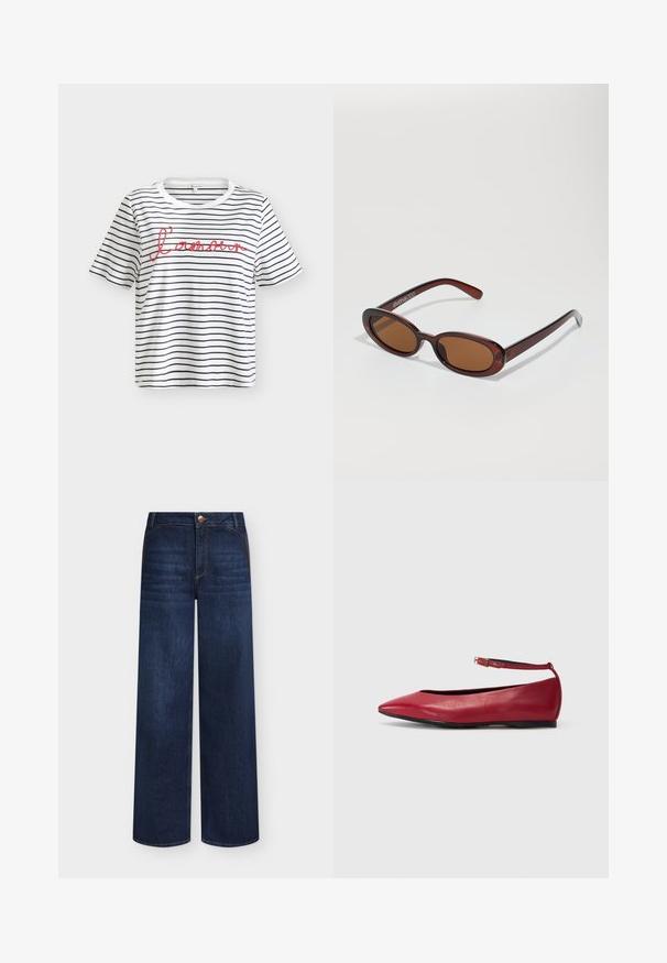 Wit T-shirt met korte mouwen met dunne zwarte horizontale strepen en rode cursieve tekst "l'amour" over de borst.; Donkerblauwe wijde denim jeans met voorzakken, knoopsluiting en subtiele vervaging op de voorzijde van de dijen.; Rode leren ballerina met een spitse neus en een gespsluiting rond de enkel. Glad oppervlak, laag profiel en zwarte zool.; Ronde, bruin getinte zonnebril met een glanzend bordeauxrood frame. Slanke pootjes met subtiele merkdetails. Vlakke lensontwerp.