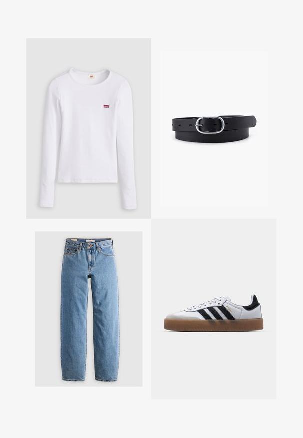 Biele tričko Levi's s dlhým rukávom, okrúhlym výstrihom a malým červeným logom Levi's na ľavej strane hrude, zobrazené na jednotnom pozadí.; Svetlomodré džíny z denimu s rovnými nohavicami, piatimi vreckami, zipsovým zapínaním a jemne vyblednutou textúrou. Klasický štýl s minimálnym kovovým doplnkom.; Biele kožené tenisky s čiernymi pruhmi, gumová podrážka, okrúhla špička, šnurovanie a mäkký sivý semišový špička.; Čierny kožený opasok s hladkým povrchom, oválnou striebornou kovovou prackou a viacerými nastavovacími otvormi pozdĺž pásu. Plochý, minimalistický dizajn.