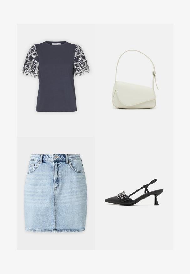 VILA VIABI - Camiseta estampada - navy blazer/white; Minifalda vaquera azul claro con botón delantero, trabillas, dos bolsillos frontales y costura vertical visible en el centro.; Simmi London DALA - Tacones - black; Bolso de mano de imitación cuero blanco con una forma triangular estructurada, correa ajustable única y cierre con solapa acentuada en curva.