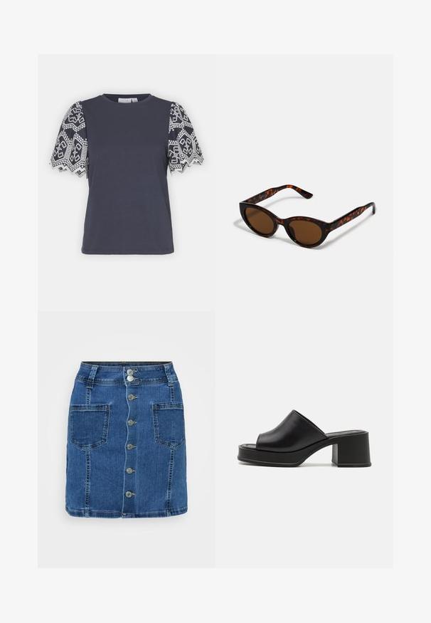 VILA VIABI - T-Shirt print - navy blazer/white; Denimrock mit schmalem Bund, fünf Metallknöpfen auf der Vorderseite und zwei großen seitlichen Taschen. Knieumspielende Länge und klassische blaue Farbe.; Schwarze Leder Plattform-Mules mit abgerundeter offener Zehe, niedrigem Blockabsatz und glatter Textur. Minimalistisches Design mit eleganten Linien.; Braune Schildpatt-Sonnenbrille mit einer Vintage-Cat-Eye-Form und braunen Gläsern. Verfügt über gebogene Bügel mit roten Akzenten.