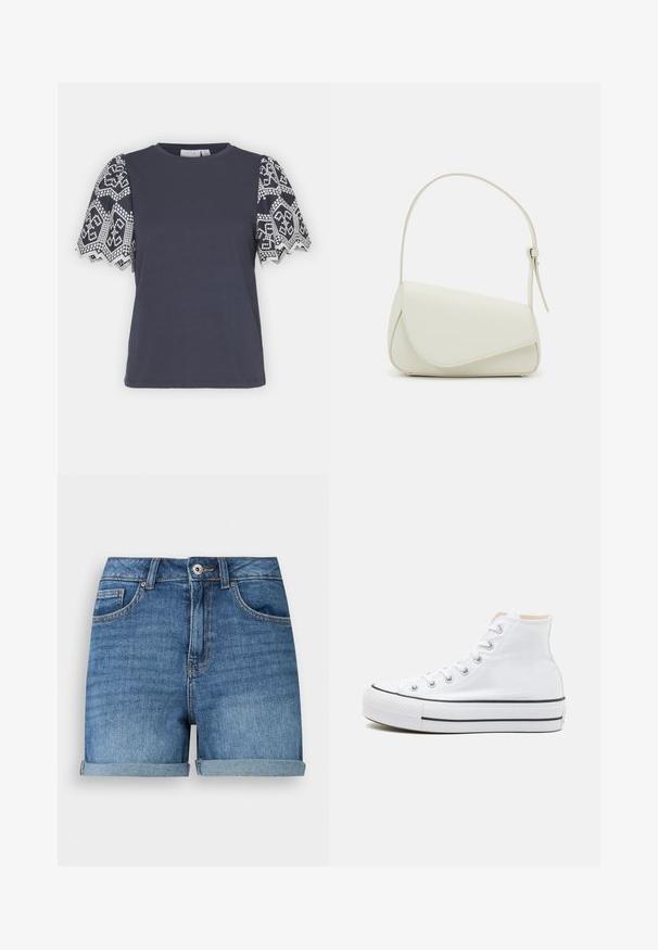 VILA VIABI - T-shirt imprimé - navy blazer/white; Short en jean bleu avec ourlets roulés, fermeture devant par bouton et fermeture éclair, passants de ceinture, poches avant et poche monnaie.; Baskets montantes blanches en toile, semelle en caoutchouc noir et bande noire contrastante sur la semelle intermédiaire. Bout rond et design à lacets.; Sac à main en cuir synthétique blanc avec une forme triangulaire structurée, une bandoulière unique réglable et un rabat à courbes accentuées.